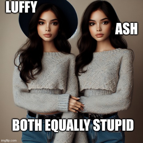 Two identical twins but one is wearing a hat | Luffy; Ash; Both equally stupid | image tagged in two identical twins but one is wearing a hat | made w/ Imgflip meme maker