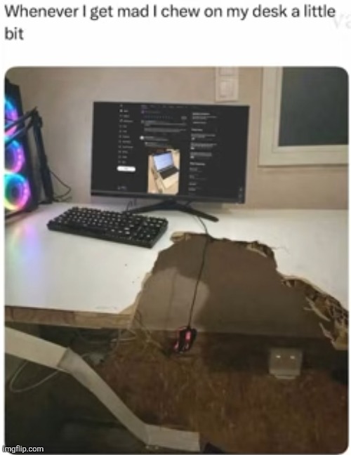 ok | image tagged in desk,chew,chewing,mad | made w/ Imgflip meme maker