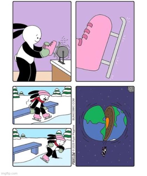 Buni Comics | image tagged in comics,buni comics,ice skating,sharp blade,frozen pond,split the world | made w/ Imgflip meme maker