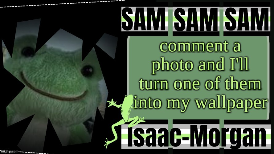 my mom said I need to change my wallpaper bc she stopped supporting the KKK and that's what my wallpaper is | comment a photo and I'll turn one of them into my wallpaper | image tagged in sam's fav frog temp | made w/ Imgflip meme maker