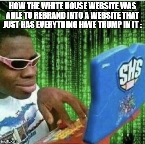 TRUE | HOW THE WHITE HOUSE WEBSITE WAS ABLE TO REBRAND INTO A WEBSITE THAT JUST HAS EVERYTHING HAVE TRUMP IN IT : | image tagged in ryan beckford,removetrumpfrompower,memes,facts | made w/ Imgflip meme maker