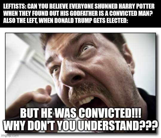 Shouter Meme | Leftists: Can you believe everyone shunned Harry Potter
when they found out his godfather is a convicted man?
Also the left, when Donald Tru | image tagged in memes,shouter | made w/ Imgflip meme maker