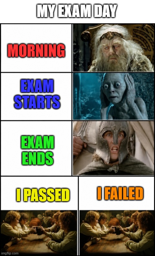 exam day | morning; my exam day; exam starts; exam ends; I failed; i passed | image tagged in memes | made w/ Imgflip meme maker