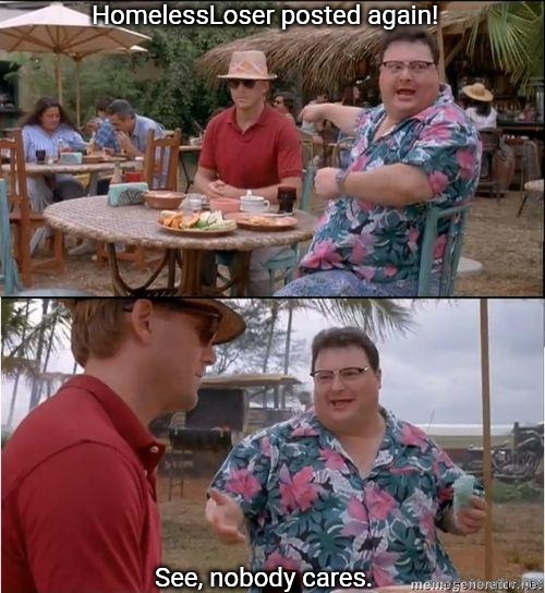 See? No one cares | HomelessLoser posted again! See, nobody cares. | image tagged in see no one cares | made w/ Imgflip meme maker
