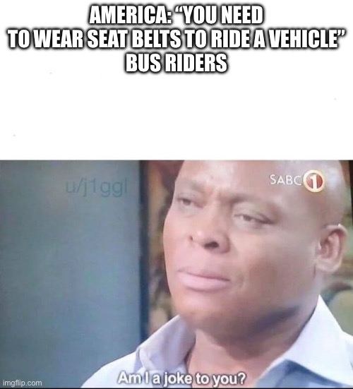 am I a joke to you | America: “You need to wear seat belts to ride a vehicle”
Bus riders | image tagged in am i a joke to you | made w/ Imgflip meme maker