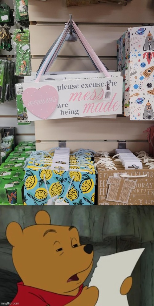 Please excuse the memories are being mess made | image tagged in confused winnie reading paper,store,memories,words,you had one job,memes | made w/ Imgflip meme maker