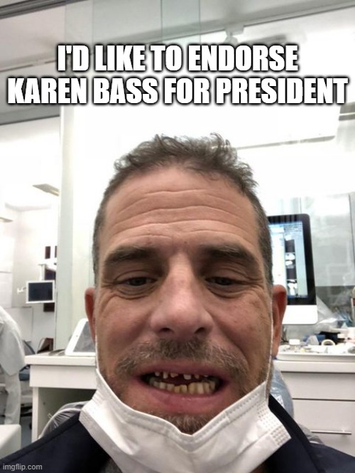 Hunter Biden Teeth | I'd like to endorse Karen Bass for president | image tagged in hunter biden teeth | made w/ Imgflip meme maker
