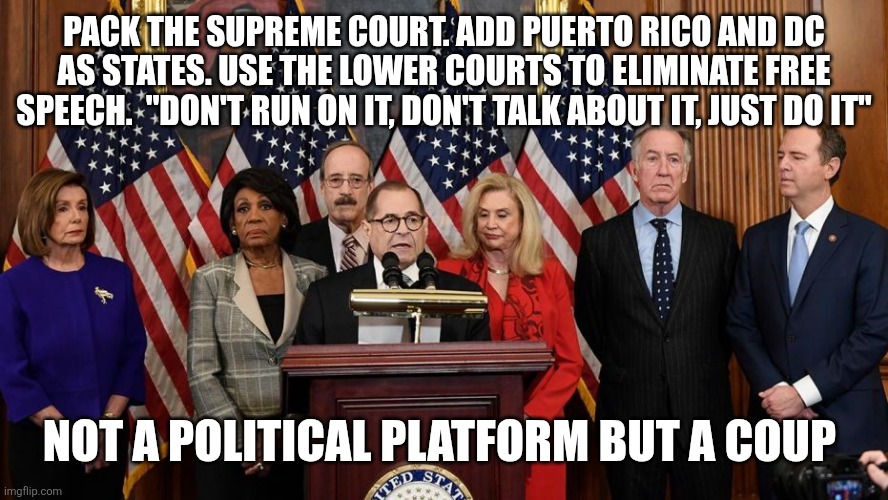 House Democrats | Pack the Supreme Court. Add Puerto Rico and DC as states. Use the lower courts to eliminate free speech.  "Don't run on it, don't talk about it, just do it"; Not a political platform but a coup | image tagged in house democrats | made w/ Imgflip meme maker