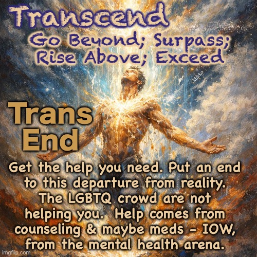 Be Greater — Better — Stronger | Transcend; Go Beyond; Surpass;
Rise Above; Exceed; Marko; Trans
End; Get the help you need. Put an end
to this departure from reality.
The LGBTQ crowd are not
helping you.  Help comes from
counseling & maybe meds - IOW,
from the mental health arena. | image tagged in memes,dont be a stooge for the left,they use you,you suffer,they abandon you,leftists fjb voters kissmyass n gotohell | made w/ Imgflip meme maker