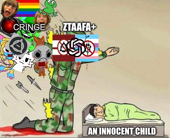 ZtAAFA Protects Children from Cringe | ZtAAFA+; Cringe; An Innocent Child | image tagged in soldier protecting sleeping child,anti cringe,ztaafa,support ztaafa,cringe,save the earth | made w/ Imgflip meme maker