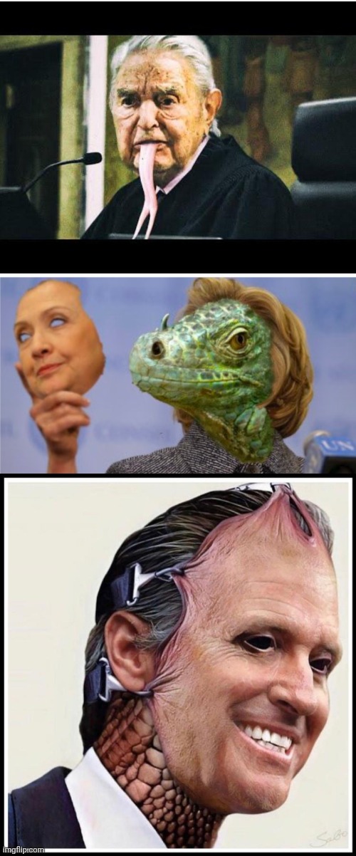 image tagged in lizard man george soros,hillary is a reptillion mask,reptillion in gavin newsom mask | made w/ Imgflip meme maker
