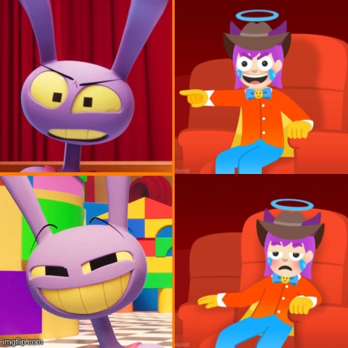 A purple character makes fun at another purple character. | image tagged in emojini laughing then bored,emojini,the great emojini,the amazing digital circus,tadc,shitpost | made w/ Imgflip meme maker