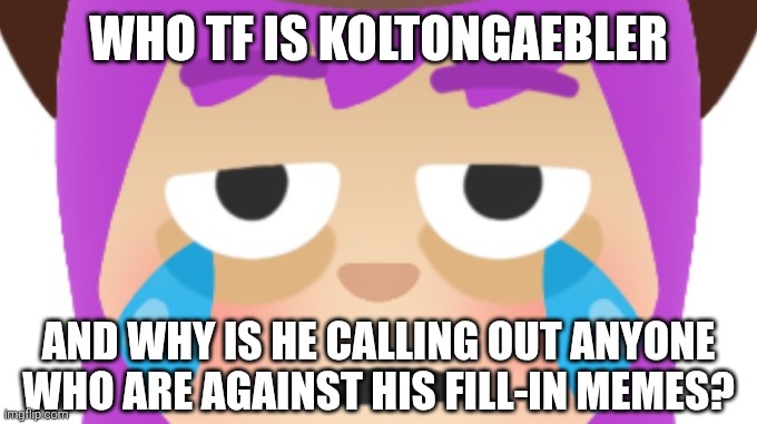 Kolton Schmolton... I don't care about that guy for his poop ahh memes and nothing else. | Who tf is KoltonGaebler; And why is he calling out anyone who are against his fill-in memes? | image tagged in emojini,the great emojini,koltongaebler,bruh,fill in meme,fill in memes | made w/ Imgflip meme maker