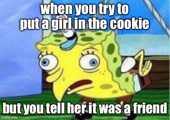 Mocking Spongebob | when you try to put a girl in the cookie; but you tell her it was a friend | image tagged in memes,mocking spongebob | made w/ Imgflip meme maker