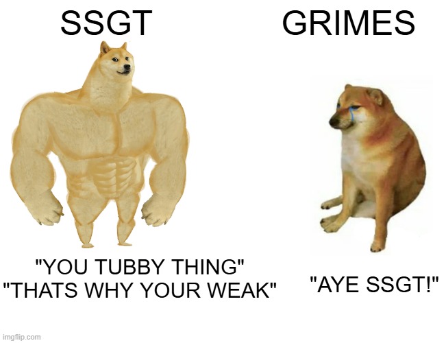 USMC | SSGT; GRIMES; "YOU TUBBY THING"
"THATS WHY YOUR WEAK"; "AYE SSGT!" | image tagged in memes,buff doge vs cheems | made w/ Imgflip meme maker
