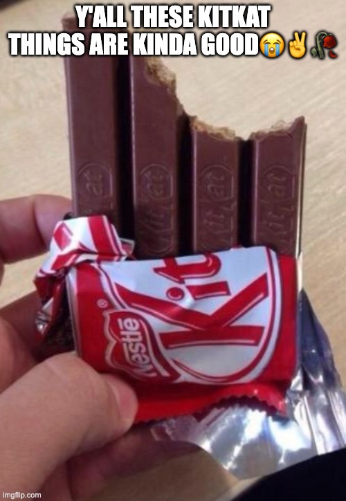 Top tier ragebait lol | Y'all these kitkat things are kinda good😭✌️🥀 | image tagged in kitkat,fail,eating,ragebait,troll,meme | made w/ Imgflip meme maker