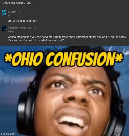no hate to him but why request a memechat for this, ts lookin a little suspicious but idkl | image tagged in ohio confusion | made w/ Imgflip meme maker