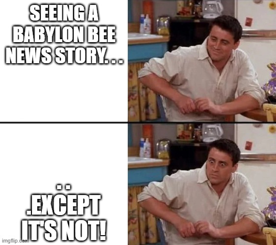 seeing a babylon bee news story. . . . . .except it's not! | image tagged in surprised joey | made w/ Imgflip meme maker