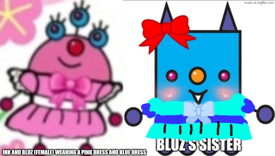 Ink and bluz's sister wears a pink dress and blue dress Blank Meme Template