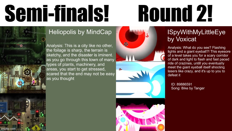 (Funky finals) Semi-Finals 2: Hell In Pollis vs. YouHearWithYourBigEar | Semi-finals! Round 2! | image tagged in heliopolis png | made w/ Imgflip meme maker