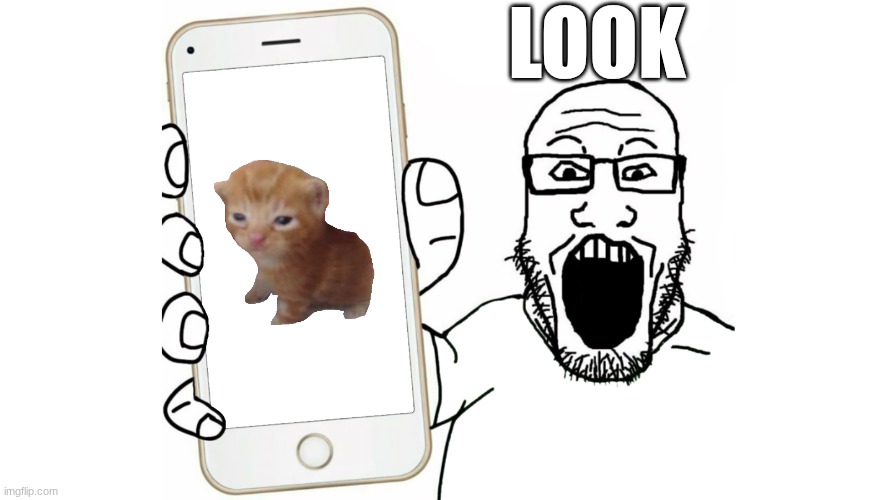 Soyjak shows his phone | look | image tagged in soyjak shows his phone | made w/ Imgflip meme maker