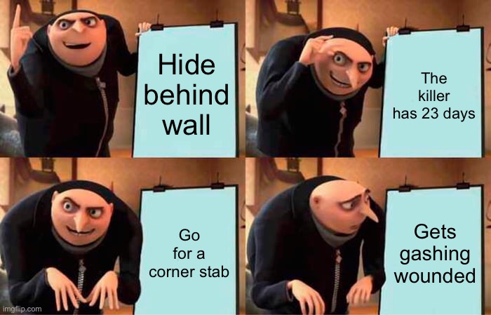 My two time plan | Hide behind wall; The killer has 23 days; Go for a corner stab; Gets gashing wounded | image tagged in memes,gru's plan | made w/ Imgflip meme maker