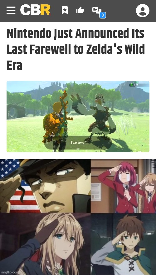 You will be missed, Zelda's Wild Era. | image tagged in anime salute,the legend of zelda breath of the wild,sad | made w/ Imgflip meme maker