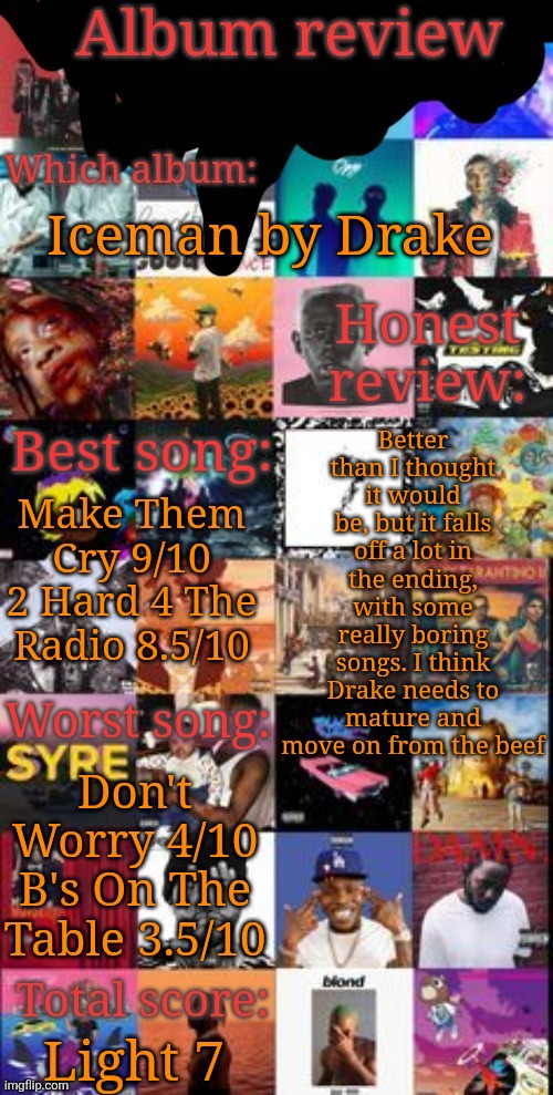 Placed #141 in the album ranking spreadsheet above Short n Sweet by Sabrina Carpet and below Internet Childhood by Living Tombst | Iceman by Drake; Better than I thought it would be, but it falls off a lot in the ending, with some really boring songs. I think Drake needs to mature and move on from the beef; Make Them Cry 9/10
2 Hard 4 The Radio 8.5/10; Don't Worry 4/10
B's On The Table 3.5/10; Light 7 | image tagged in album review | made w/ Imgflip meme maker