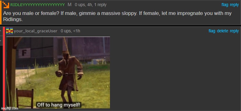 off to hang myself! | image tagged in tf2,ridleyyyyyyyyyy | made w/ Imgflip meme maker
