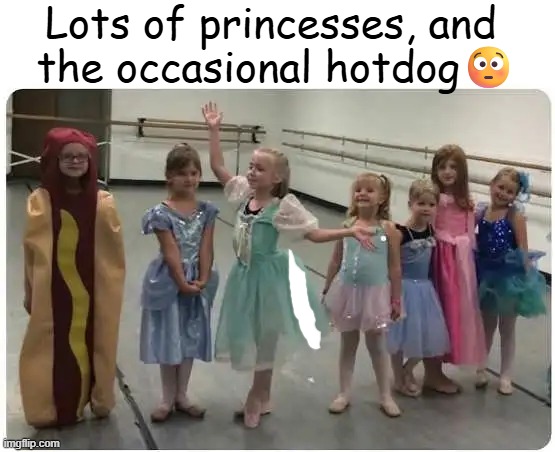 Easy to find in a crowd | Lots of princesses, and 
the occasional hotdog😳 | image tagged in children,imagination,pretend,costumes,having fun,humor | made w/ Imgflip meme maker