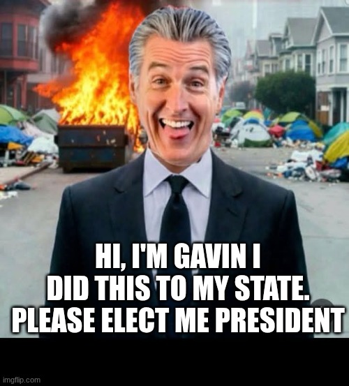 Gavin Newsom burning | hi, i'm Gavin I did this to my state. please elect me president | image tagged in gavin newsom burning | made w/ Imgflip meme maker