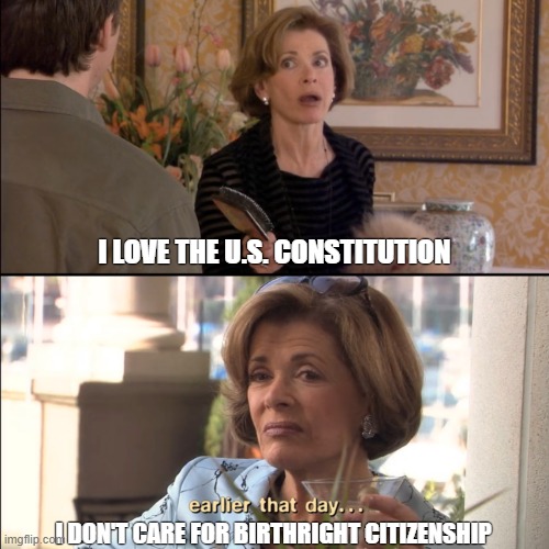 I love the Constitution | I love the U.S. Constitution; I don't care for birthright citizenship | image tagged in arrested development - i don't care for | made w/ Imgflip meme maker
