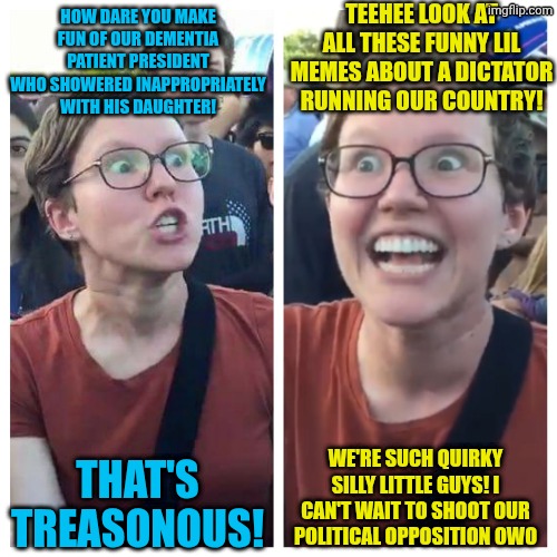 Social Justice Warrior Hypocrisy | How dare you make fun of our dementia patient president who showered inappropriately with his daughter! That's treasonous! Teehee look at al | image tagged in social justice warrior hypocrisy | made w/ Imgflip meme maker