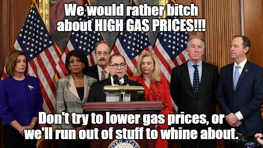 House Democrats | We would rather bitch about HIGH GAS PRICES!!! Don't try to lower gas prices, or we'll run out of stuff to whine about. | image tagged in house democrats | made w/ Imgflip meme maker