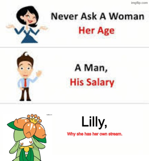 Never ask Lilly why she has a stream. | Lilly, Why she has her own stream. | image tagged in never ask a woman her age,lilly | made w/ Imgflip meme maker