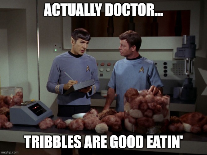 Eat a Tribble | actually doctor... tribbles are good eatin' | image tagged in spock vs tribble 02 | made w/ Imgflip meme maker