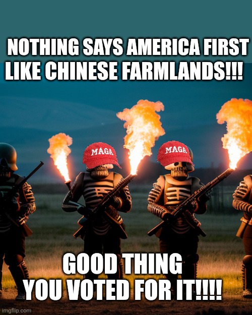 Let us guess, you absolutely voted for CHINESE FAR.LAND IN AMERICA.  Now spin it so its winning!!! | Like chinese farmlands!!! Nothing says AMERICA FIRST; Good thing you voted for it!!!! | image tagged in next gen maga stromtrooper | made w/ Imgflip meme maker