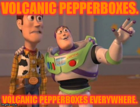 X, X Everywhere Meme | VOLCANIC PEPPERBOXES. VOLCANIC PEPPERBOXES EVERYWHERE. | image tagged in memes,x x everywhere | made w/ Imgflip meme maker