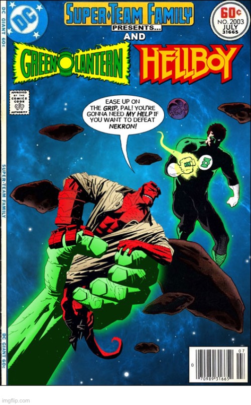 “The Emerald Gladiator” meets “The Right Hand of Doom”! | image tagged in comics,green lantern,hellboy,crossover,super team family | made w/ Imgflip meme maker