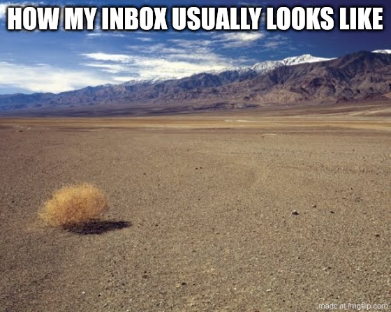 The art of my 51 pizzas eaten since February | How my inbox usually looks like | image tagged in desert tumbleweed | made w/ Imgflip meme maker