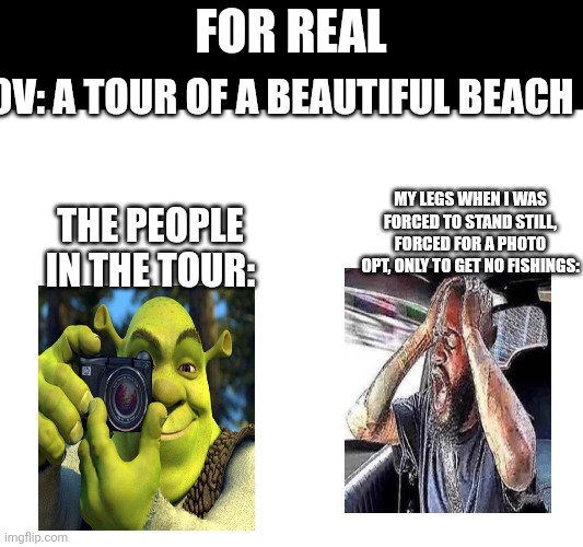 The people care about instagrammables, lowkey dissapointing | Pov: a tour of A beautiful beach; For real; My legs when i was forced to stand still, forced for a photo opt, only to get no fishings:; The people in the tour: | image tagged in instagram,beach,fishing,funny memes | made w/ Imgflip meme maker