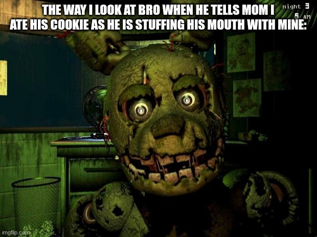 springtrap | the way I look at bro when he tells mom I ate his cookie as he is stuffing his mouth with mine: | image tagged in springtrap | made w/ Imgflip meme maker