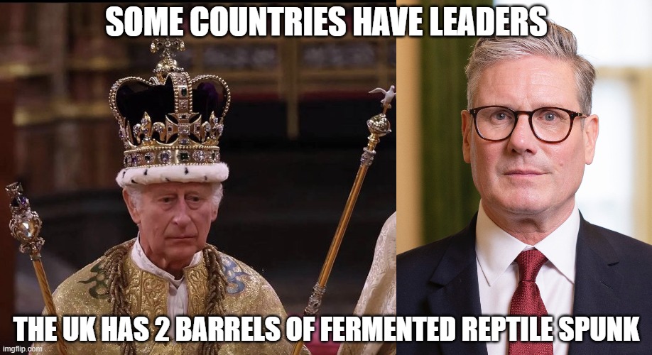 Some countries have leaders; the uk has 2 barrels of fermented reptile spunk | image tagged in king charles crown,kier starmer | made w/ Imgflip meme maker