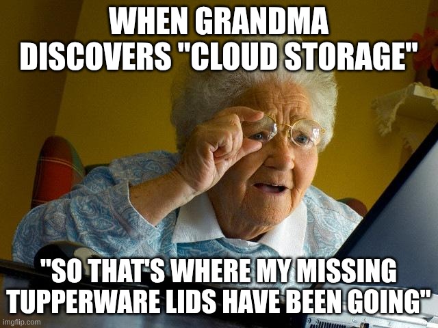 Grandma Finds The Internet Meme | WHEN GRANDMA DISCOVERS "CLOUD STORAGE"; "SO THAT'S WHERE MY MISSING TUPPERWARE LIDS HAVE BEEN GOING" | image tagged in memes,grandma finds the internet | made w/ Imgflip meme maker