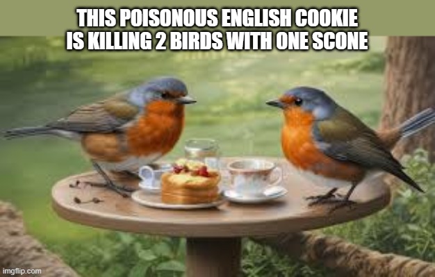 This English cookie is killing two birds with one scone. | This poisonous english cookie is killing 2 birds with one scone | image tagged in funny,humor,cookie,play on words,birds | made w/ Imgflip meme maker