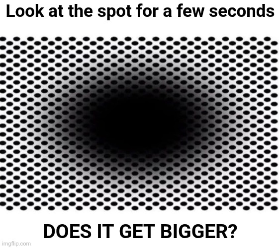 Not a gif | Look at the spot for a few seconds; Does it get bigger? | image tagged in black spot,optical illusion,not a gif,mind,game | made w/ Imgflip meme maker