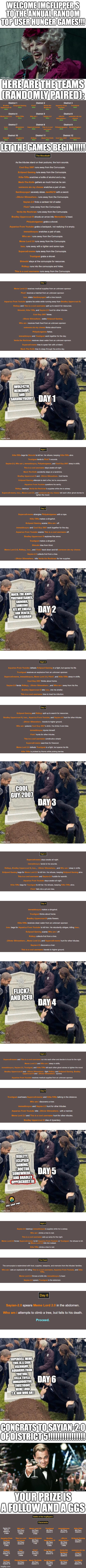 As a reward for me getting 400,000 points; comment what you place you got and how you died | here are the teams
(randomly paired):; Let the games begin!!!!! | image tagged in imgflip,hunger games,flick7,who_am_i,bradley_uppercrust_iii,sayian-20 | made w/ Imgflip meme maker