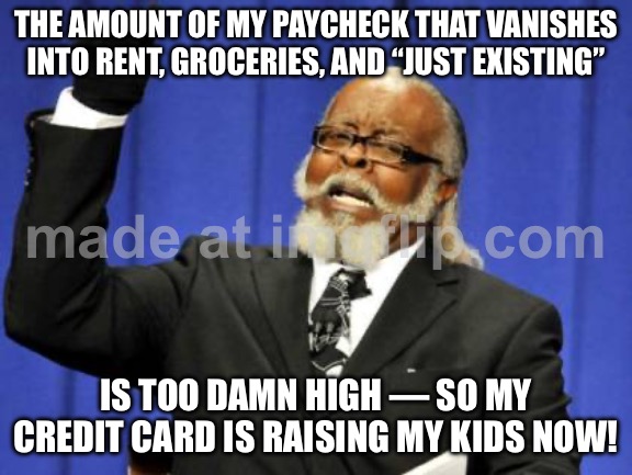 THE AMOUNT OF MY PAYCHECK THAT GOES TO 'EXISTING'; IS TOO DAMN HIGH (SO MY CREDIT CARD'S COVERING THE REST) | THE AMOUNT OF MY PAYCHECK THAT VANISHES INTO RENT, GROCERIES, AND “JUST EXISTING”; IS TOO DAMN HIGH — SO MY CREDIT CARD IS RAISING MY KIDS NOW! | image tagged in memes,too damn high,children,credit card,debt,existentialism | made w/ Imgflip meme maker