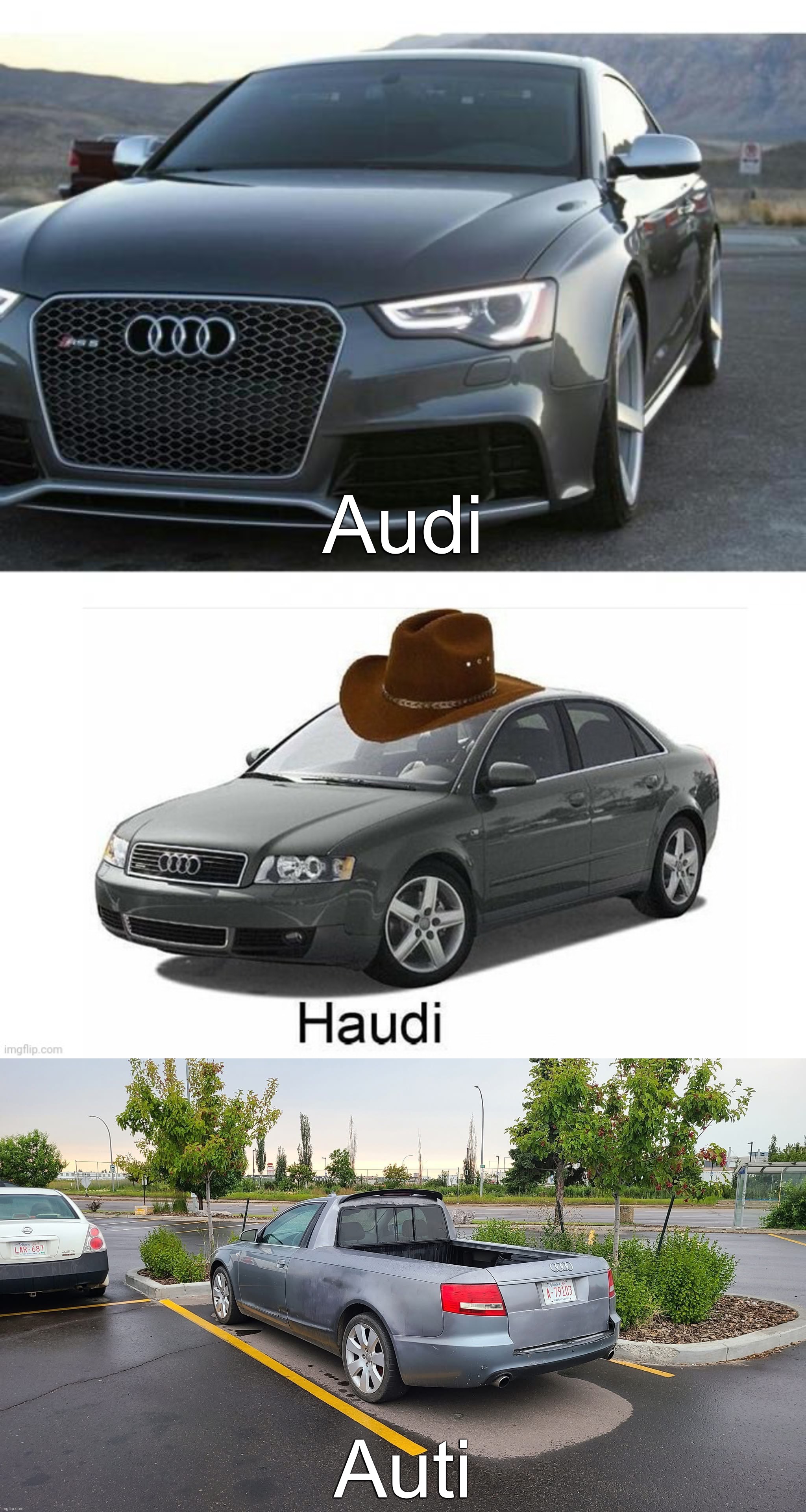 3 forms of Audi | Audi; Auti | image tagged in audi,haudi,ute,cars | made w/ Imgflip meme maker