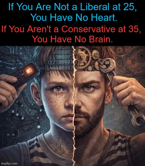 Old Truths Still True Today | If You Are Not a Liberal at 25, 
You Have No Heart. If You Aren't a Conservative at 35, 
You Have No Brain. | image tagged in liberals vs conservatives,heart,feels,brain,big brain,adulting | made w/ Imgflip meme maker